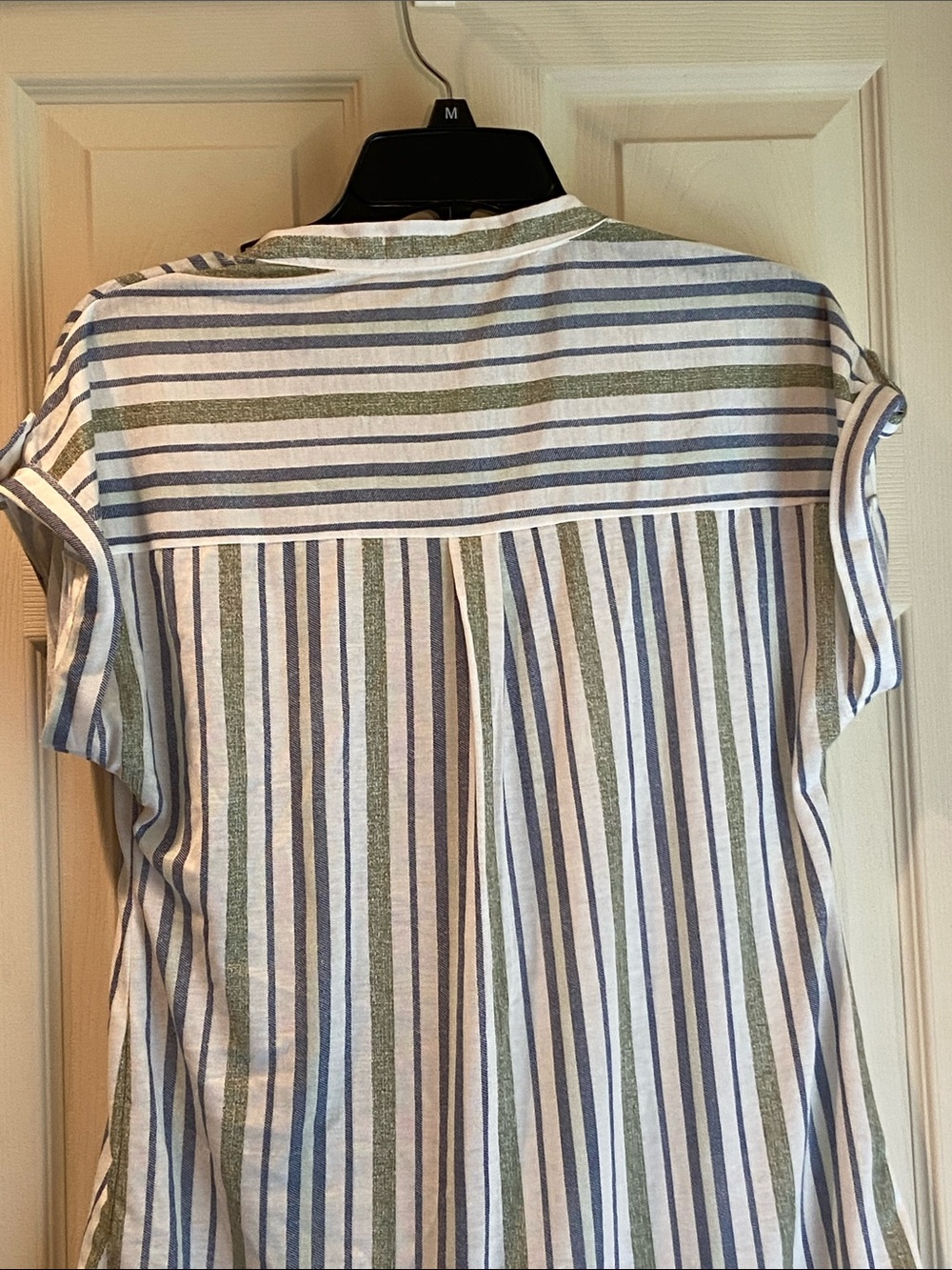 Striped Short-Sleeve Button Front Blouse in Light Blue & Olive - Picture 7 of 10